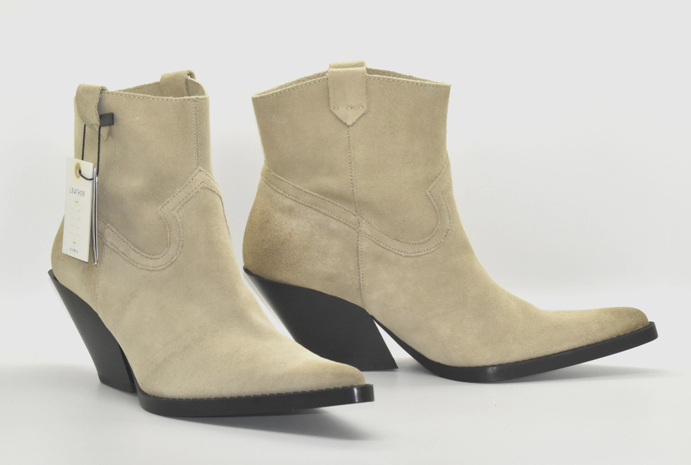 B0 NWT ZARA Neutrals Suede Western Ankle Boot Shoes Size 39